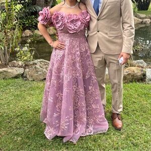 Mac Duggal Lavender Floral Off-Shoulder Gown